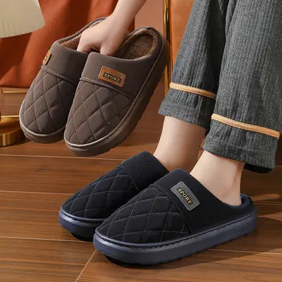 New in stock PU Cotton Slippers Men's plus size Home Indoor Thickened Warm Non-slip Casual All-match Slippers for Men