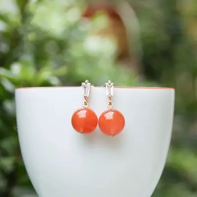Natural South Red Agate Earrings Festive Chalcedony Round Beads