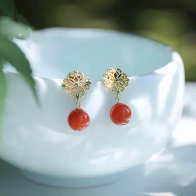 Natural South Red Agate Chinese Vintage Earrings