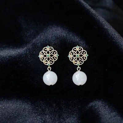 Copper Chinese Classical Earrings with White Jade Drop