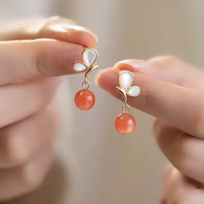 Natural South Red Agate Butterfly Earrings for Women
