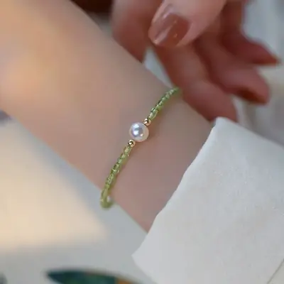 14K Gold Pearl Bracelet for Women Green Crystal