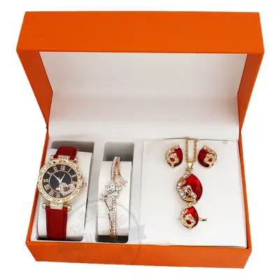 Ladies Watch Set with Red Crystal Earrings & Bracelet