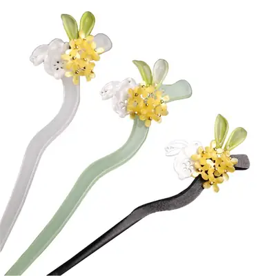 Retro Han Dynasty Hairpin Women Tassel Step Shake Jade Rabbit Osmanthus Hairpin Acetate Cheongsam Matching
