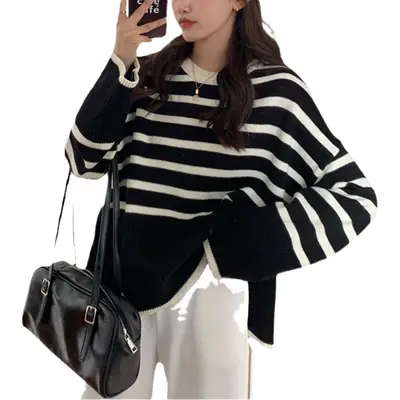 Women's Black White Striped Korean Style Sweater
