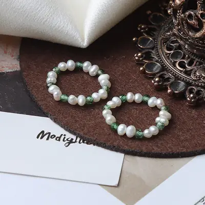 Natural Freshwater Pearl Bracelet Set Green Crystal Stretch