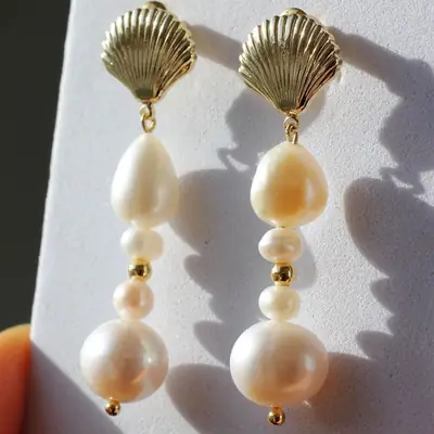 Golden Shell Pearl Dangle Earrings for Women