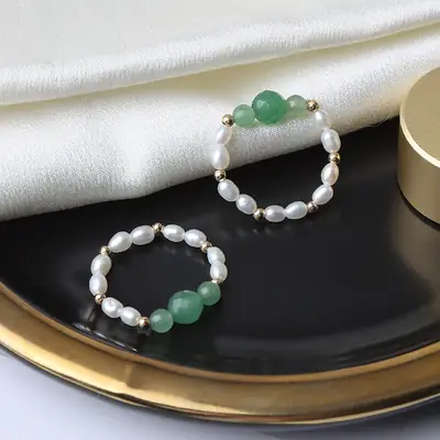 American 14K Gold Pearl Ring with Green Stone