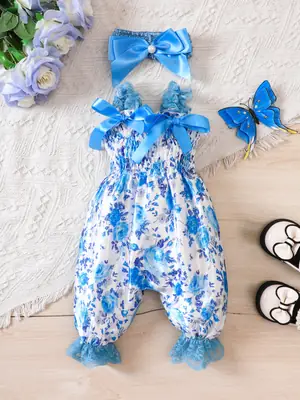 Blue Floral Printed Girls' Suspenders Outfit