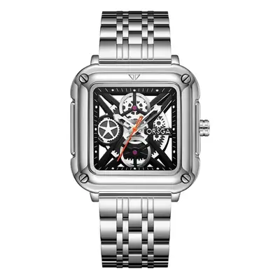 Black Square Hollow Watch with Skeleton Design