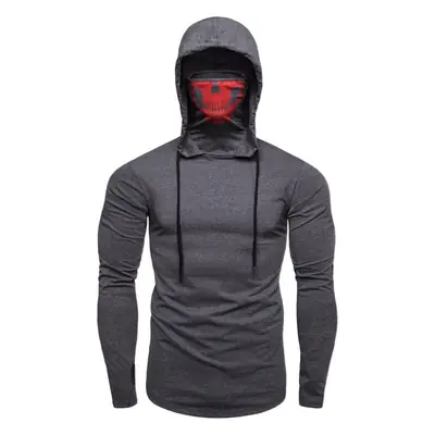Men Hooded Long Sleeve T-Shirt with Skull Mask Design Black