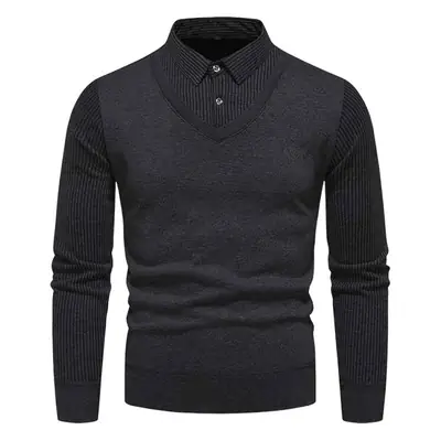 Navy Blue Fleece Lined Men's V-Neck Sweater