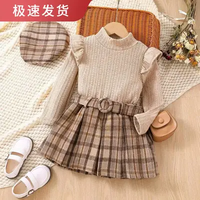 Baoxi Kids Knitted Shirt Plaid Skirt Set Winter