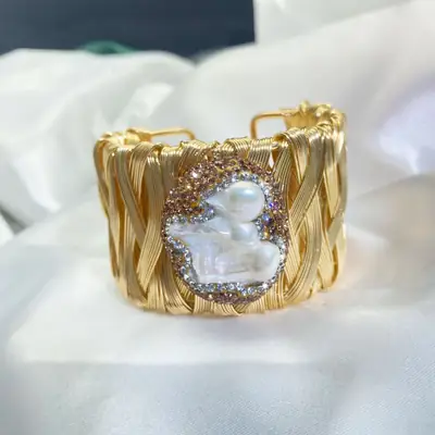 Natural Baroque Gold Bracelet with Crystal Centerpiece
