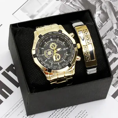 Men's Gold Quartz Wristwatch with Sport Bracelet Set