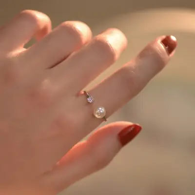 Natural Glossy Freshwater Pearl Shiny Zircon Diamond S925 Silver Ring Opening Adjustable Four Claw Beautiful Ring