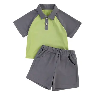 Boys 2Pc Polo Shorts Set Green Grey Summer