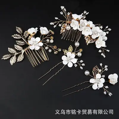 Golden Leaf Hair Comb with Blue Floral Design for Weddings
