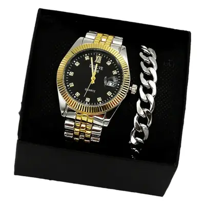 Men's Gold Watch Gift Set with Steel Bracelet