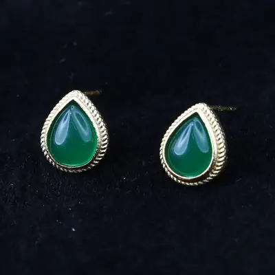 Natural Emerald Earrings Green Agate Women's Retro Chalcedony Elegant Water Drop Earrings Inlay