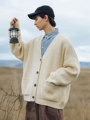 Men Textured Thick-Knit Cardigan Jacket Beige 2024 Winter