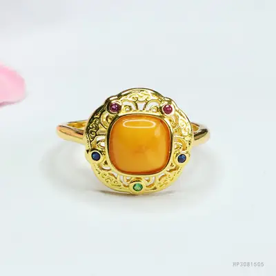 Guan Yu Natural Amber Ring Full Honey Old Beeswax Vintage