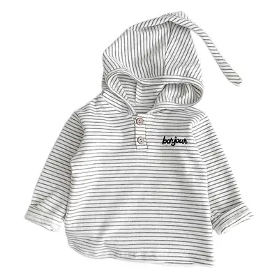 Baby Hooded T-Shirt Striped Grey White Long Sleeve