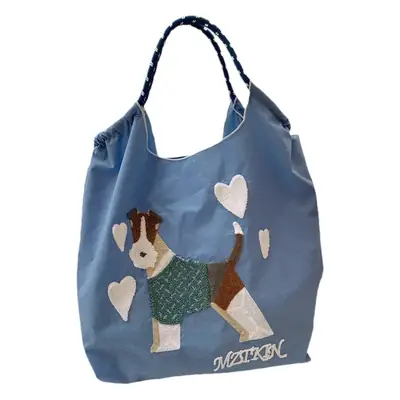 Embroidered Canvas Shopping Bag with Cute Dog Design