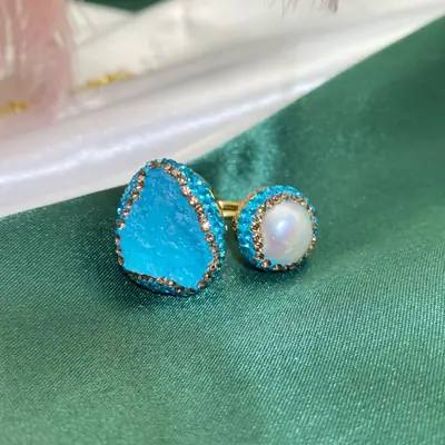 Natural Aquamarine Women's Ring with Pearl & Gold Plated