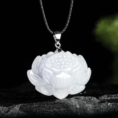 Natural Burma Jade Lotus Pendant S925 Silver Buckle