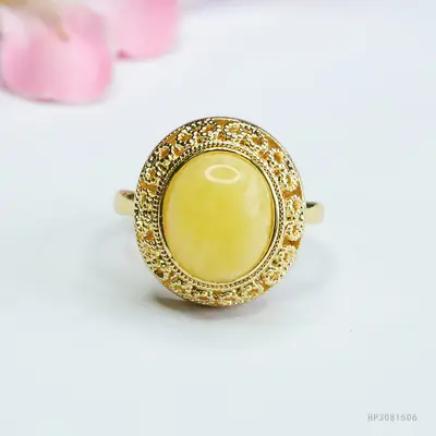 Yellow Honey Amber Ring for Women Vintage Gold Plated