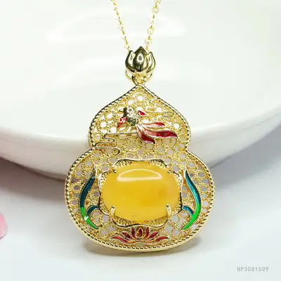 Guan Yu Pendant Necklace Yellow Honey Amber Women
