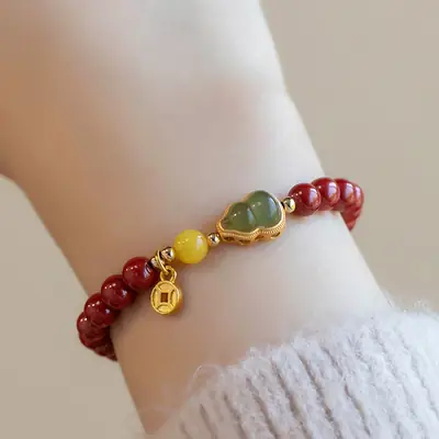 Cinnabar Bracelet Female Hetian Jade Gold Inlaid