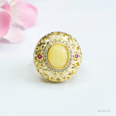 Guan Yu Yellow Amber Ring for Women Vintage Design
