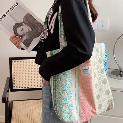 Retro Floral Canvas Shoulder Bag Large Capacity
