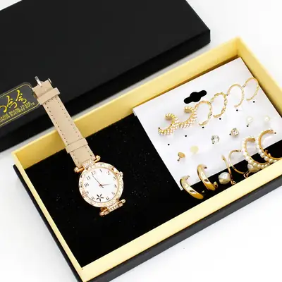 Women's Green Watch & Earrings Jewelry Set