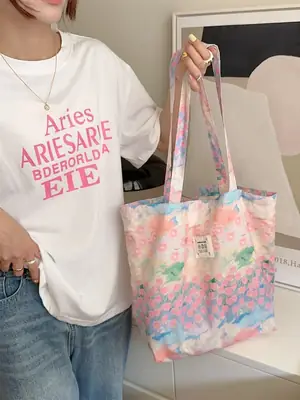 26101 New Arrival Single Shoulder Floral Cotton Bag 2023ins Pink Floral Sea Large Capacity Canvas Tote Handbag