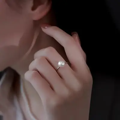 Natural Pearl Open Ring Women's S925 Silver Adjustable