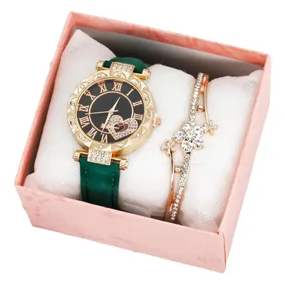 Women 2-Piece Quartz Watch Set with Diamond Bracelet
