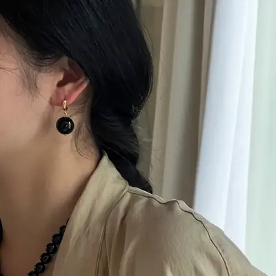 Korean Style Black Onyx Ear Buckle Earrings