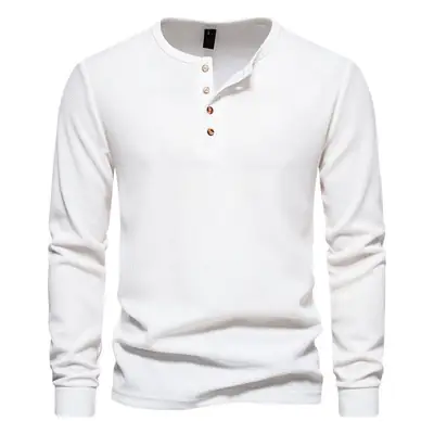 Men's Long Sleeve Waffle T-Shirt Beige 4 Button