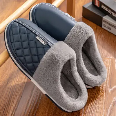 Drooping cotton slippers men's autumn and winter indoor home home waterproof non-slip fleece-lined warm plush leather slippers