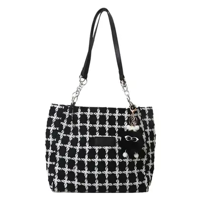 Black Plaid Tote Bag with Chain Accessory