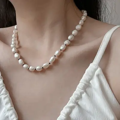 Sterling Silver Pearl Necklace with Black Crystal Accents