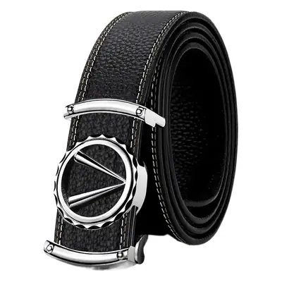 Men's Black Leather Automatic Buckle Belt with Gold Plated Logo