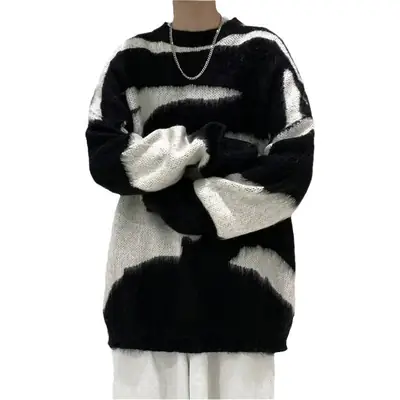 Men Black Cream Striped Fleece Sweatshirt Round Neck