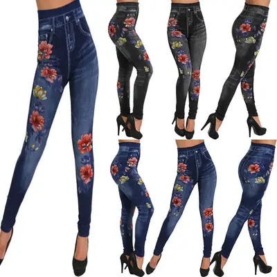 Floral Printed Seamless Leggings Blue High Heel