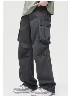 Men's Vintage Multi-Pocket Overalls Grey Loose Straight Pants