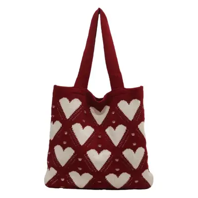 Women's Pink Heart Wool Knitted Shoulder Tote Bag