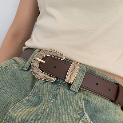 Brown Leather Belt with Gold Buckle for Women